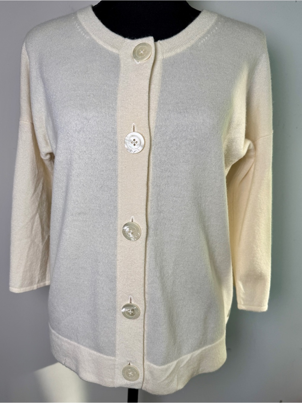 Neiman Marcus Cashmere Cardigan Quiet Luxury Crewneck 3/4 Sleeve Cream Sz M